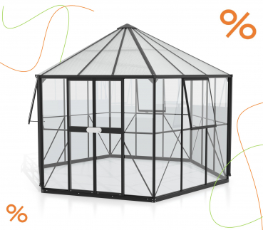 Vitavia Gewächshaus Pavillon Hera 9000 ESG/HKP 3/6mm 383x329cm 9m² Alu schwarz