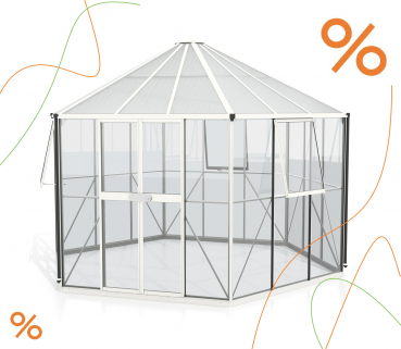 Vitavia Gewächshaus Pavillon Hera 9000 ESG/HKP 3/6mm 383x329cm 9m² Alu weiss