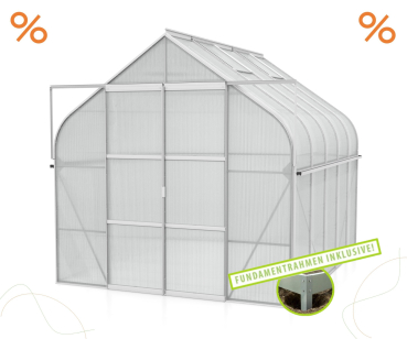 AKTION SET Gewächshaus Diana 8300 4mm HKP 264x321cm eloxiert + Fundamentsrahmen