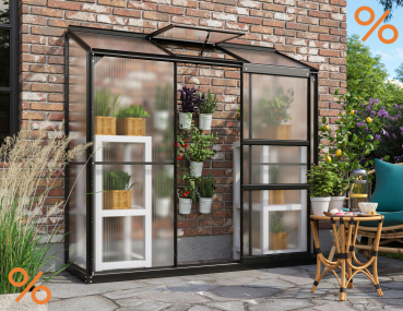 AKTION SET Anlehngewächshaus Ida 1300 BxT 193x69 4mm HKP schwarz + Fundament