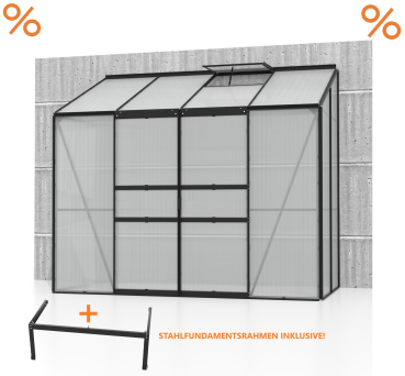 SPARSET Vitavia Anlehngewächshaus Ida 3300 BxT 255x132 4mm HKP schwarz + Fundament