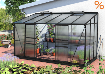 AKTION Vitavia SET Anlehngewächshaus Ida 7800 BxT 387x201 4mm HKP schwarz + Fundament