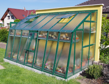 Vario Stahl Anlehngewächshaus Domus 4,5 Nörpelglas 4mm BxL:212x452cm 9,5m² Grün