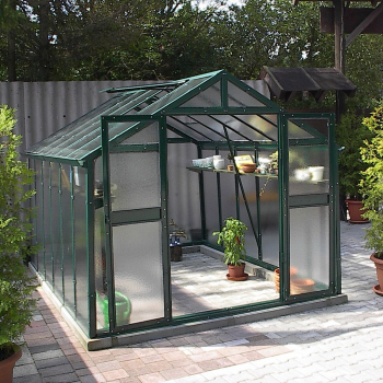 Vario Stahl Gewächshaus Junior 6 Nörpelglas 4mm BxT 249x604cm 15m² moosgrün