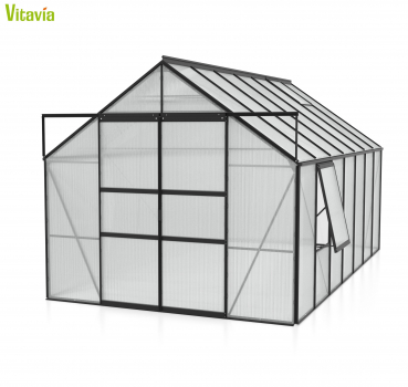 AKTION Vitavia Gewächshaus Meridian 2 11500 257x445 6mm HKP Alu schwarz + 2 Dachlüfter