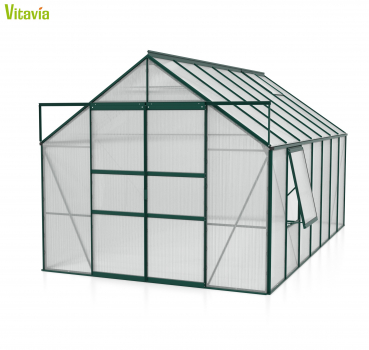 AKTION Vitavia Gewächshaus Meridian 2 11500 257x445 4mm HKP Alu smaragd + 2 Dachlüfter