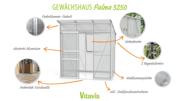 Vitavia Gewächshaus Palma 3250 6mm HKP BxT 196x167 Alu eloxiert + Fundamentsrahmen