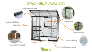 Preview: Vitavia Gewächshaus Palma 3250 ESG/HKP BxT 196x167 Alu schwarz + Fundamentsrahmen