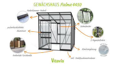 Preview: Vitavia Gewächshaus Palma 4450 ESG/HKP BxT 196x229 Alu schwarz + Fundamentsrahmen