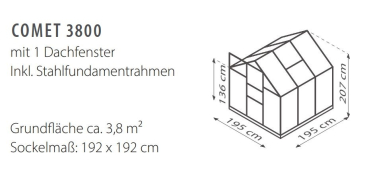Preview: SET Vitavia Gewächshaus Comet 3800 4mm HKP 195x195cm eloxiert + Fundamentsrahmen