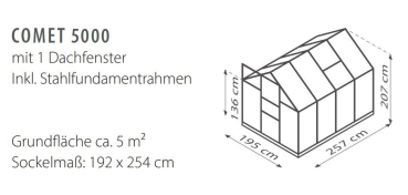 Preview: SET Vitavia Gewächshaus Comet 5000 4mm HKP 195x257 schwarz + Fundamentsrahmen
