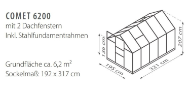Preview: SET Vitavia Gewächshaus Comet 6200 4mm HKP 195x321cm smaragd + Fundamentsrahmen