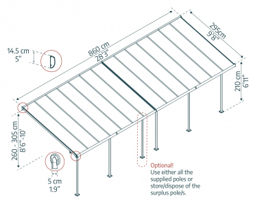 Palram-Canopia Terrassenüberdachung SIERRA 3x8.50 (299x860cm) grau 6mm HKP klar