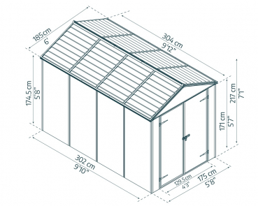 Palram-Canopia Gerätehaus RUBICON 6X10 BxT 185x304 5,6m² Polycarbonat 10mm grau