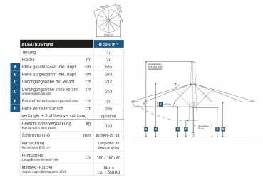 May Marktschirm ALBATROS 10m rund 12-Teiler EXTREM STABIL Teleskop Tex-Poly