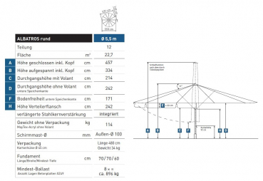 May Marktschirm ALBATROS 5,5m rund 12-Teiler EXTREM STABIL Teleskop Tex-Poly