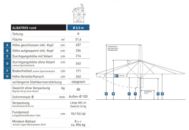 May Marktschirm ALBATROS 5,5m rund 8-Teiler EXTREM STABIL Teleskop Tex-Poly