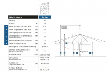 May Marktschirm ALBATROS 8m rund 12-Teiler EXTREM STABIL Teleskop Tex-Poly