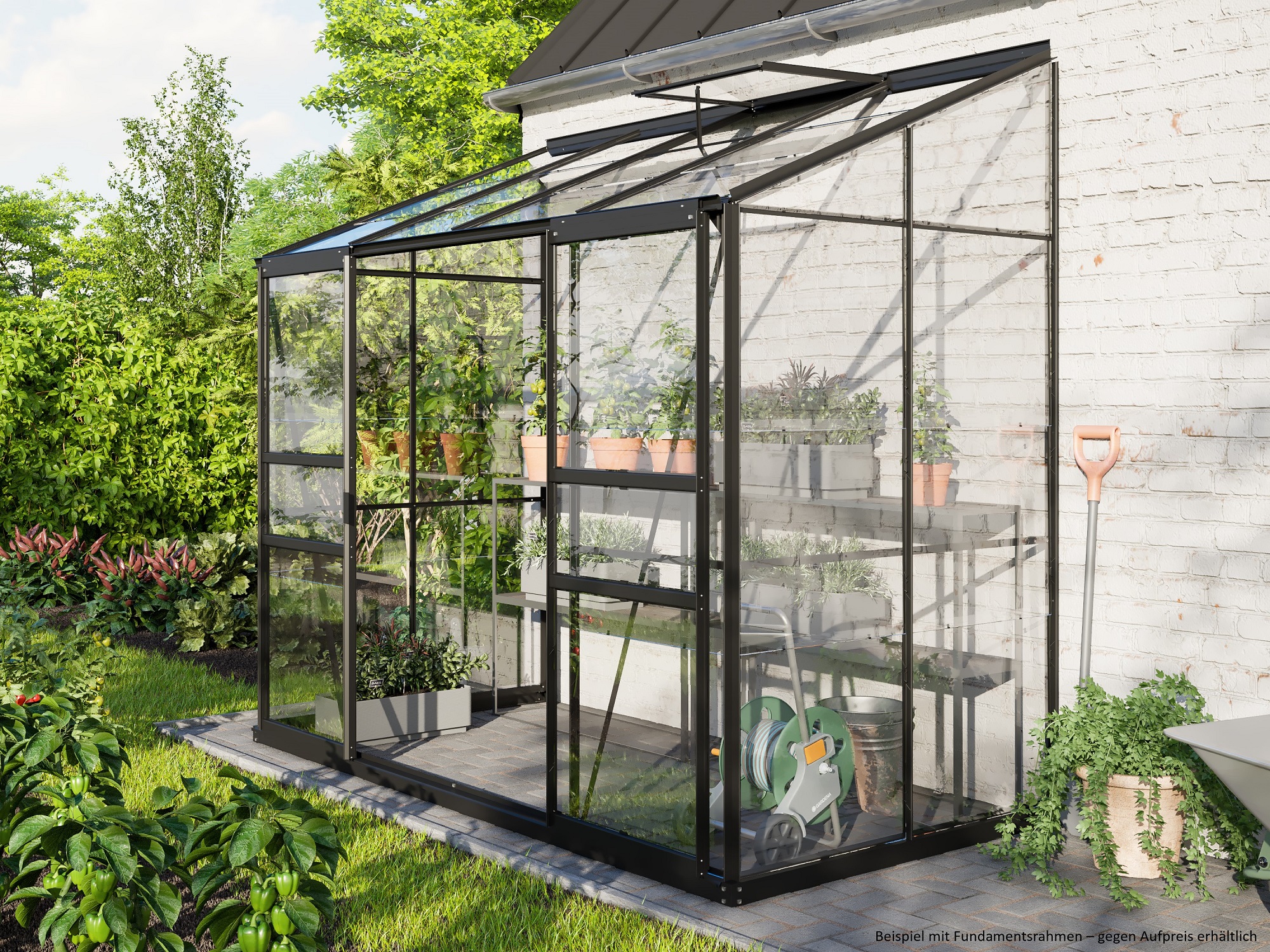 Gartenshop-Hartmann - Vitavia 3300 3,3m² schwarz Anlehngewächshaus Glas BxT ESG Ida 255x132cm Alu