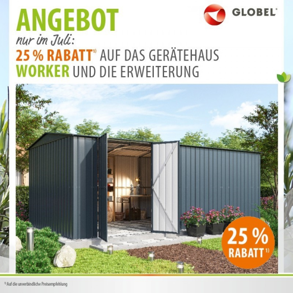 Globel Metall Gerätehaus WORKER + Erweiterung 17m² BxTxH 589x308x225cm