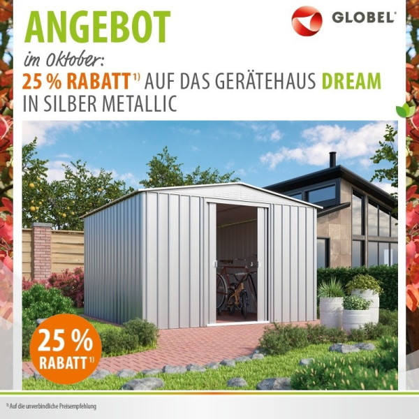 AKTION Globel Metall Gerätehaus Dream 1010 BxTxH 308x309x202cm 8,82m² Silber metallic