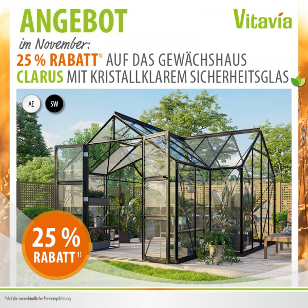 Vitavia Gewächshaus CLARUS 383x383cm 13m² ESG Glas inkl.Fundament Alu schwarz