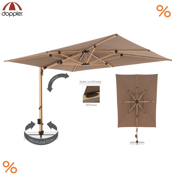 Doppler Premium Pendelschirm ALU WOOD XL ULTRA 400x300cm LED Greige