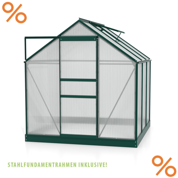 SET Vitavia Gewächshaus Comet 3800 4mm HKP 195x195cm smaragd + Fundamentsrahmen