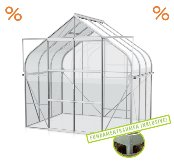 SET Vitavia Gewächshaus Diana 5000 ESG Glas 264x195cm eloxiert + Fundamentsrahmen