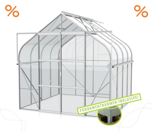 AKTION SET Gewächshaus Diana 6700 ESG BxT 264x258cm eloxiert + Fundamentsrahmen