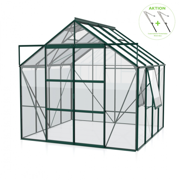 AKTION Vitavia Gewächshaus Jupiter 6700 ESG Glas 257x258 Alu smaragd + 2 Dachlüfter gratis