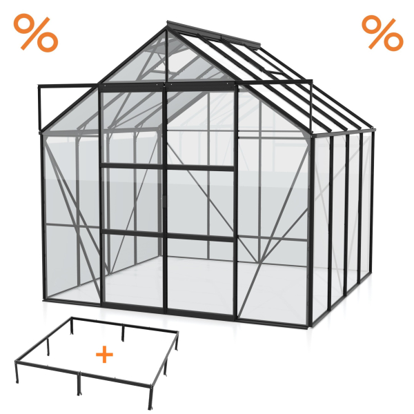 SPARSET Vitavia Gewächshaus Uranus 6700 ESG Glas 257x258 schwarz + Fundamentsrahmen