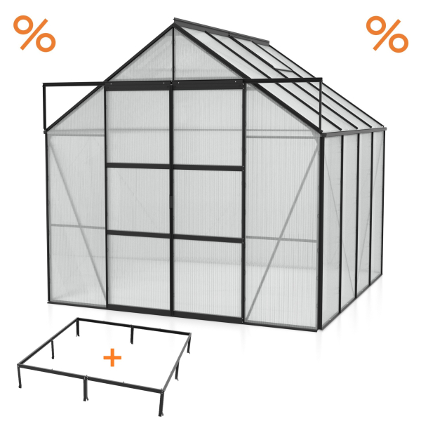 SPARSET Vitavia Hohes Gewächshaus Uranus 6700 6mm HKP 257x258cm schwarz + Fundamentsrahmen
