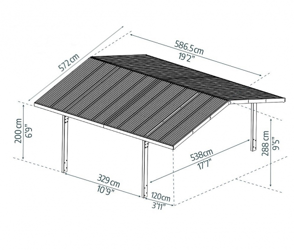 Palram-Canopia Doppel Carport SYDNEY APEX 6x6 Alu schwarz - gewelltes Polycarbonat solargrau