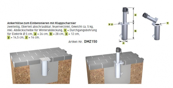 May Ankerhülse Klappscharnier feuerverzinkt 2 tlg. Oberteil abschraubbar für Mast Ø 55mm