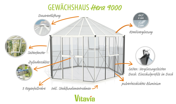 Vitavia Gewächshaus Pavillon Hera 9000 ESG/HKP 3/6mm 383x329cm 9m² Alu weiss