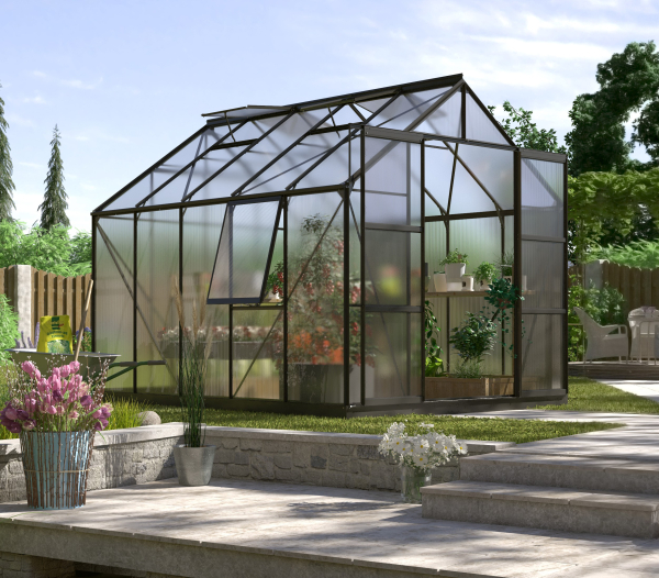 AKTION Vitavia Gewächshaus Jupiter 8300 257x32 HKP 6mm Alu schwarz + 2 Dachlüfter gratis