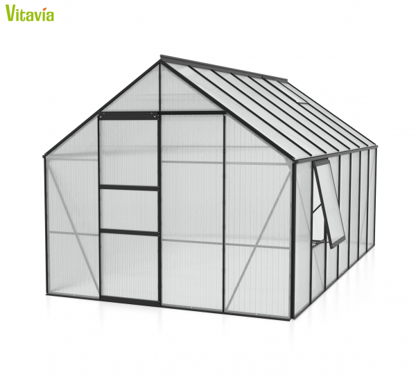 AKTION Vitavia Gewächshaus Meridian 1 11500 257x445 4mm HKP Alu schwarz + 2 Dachlüfter