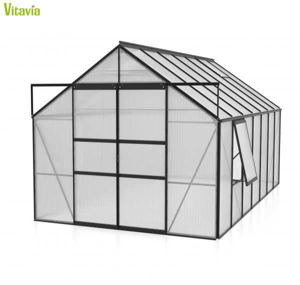 AKTION Vitavia Gewächshaus Meridian 2 11500 257x445 6mm HKP Alu schwarz + 2 Dachlüfter
