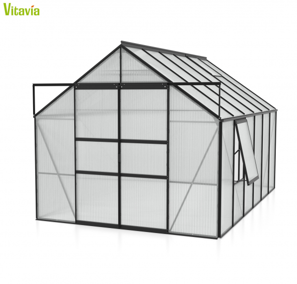 AKTION Vitavia Gewächshaus Meridian 2 9900 257x383 4mm HKP Alu schwarz + 2 Dachlüfter