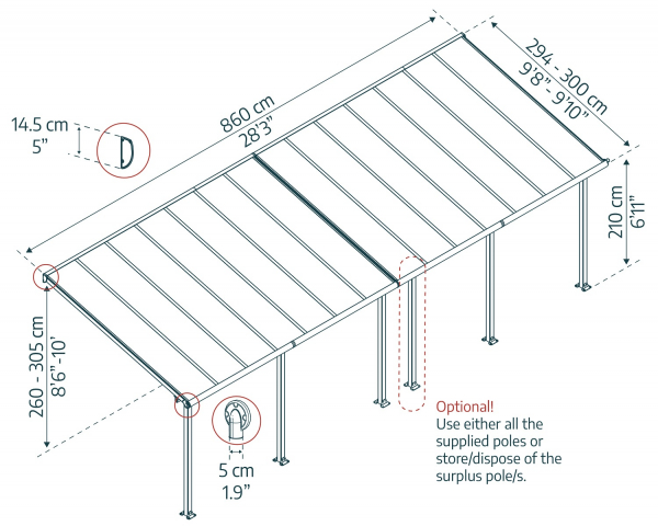 Palram-Canopia Terrassenüberdachung Olympia 3x8 weiß 295x860cm 16mm HKP