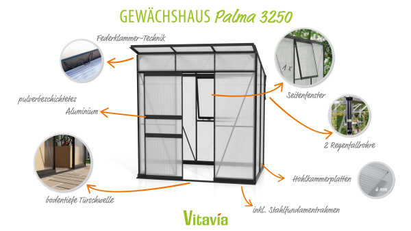 Vitavia Gewächshaus Palma 3250 6mm HKP BxT 196x167 Alu schwarz + Fundamentsrahmen