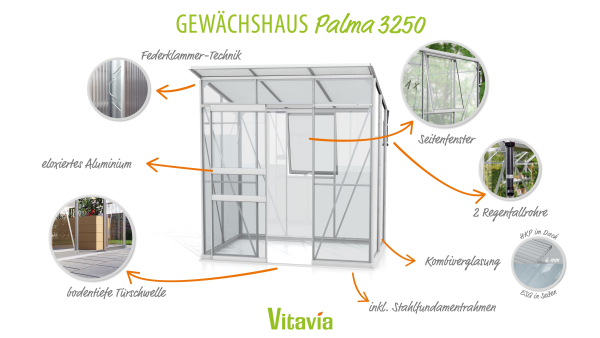 Vitavia Gewächshaus Palma 3250 ESG/HKP BxT 196x167 Alu eloxiert + Fundamentsrahmen