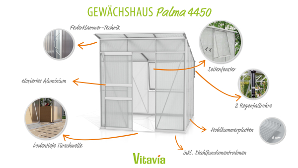 Vitavia Gewächshaus Palma 4450 6mm HKP BxT 196x229 Alu eloxiert + Fundamentsrahmen