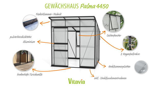 Vitavia Gewächshaus Palma 4450 6mm HKP BxT 196x229 Alu schwarz + Fundamentsrahmen