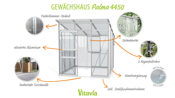 Vitavia Gewächshaus Palma 4450 ESG/HKP BxT 196x229 Alu eloxiert + Fundamentsrahmen