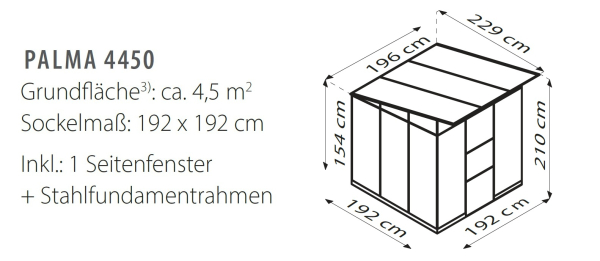 Vitavia Gewächshaus Palma 4450 ESG/HKP BxT 196x229 Alu schwarz + Fundamentsrahmen
