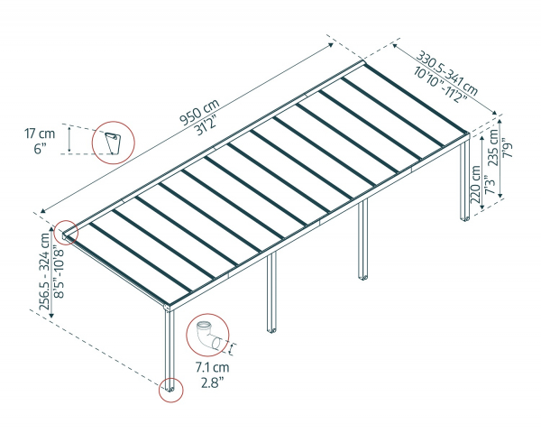 Palram-Canopia Terrassenüberdachung STOCKHOLM 3.4x9.5 (341x950cm) 4mm PC klar