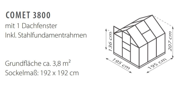 SET Vitavia Gewächshaus Comet 3800 4mm HKP 195x195cm smaragd + Fundamentsrahmen