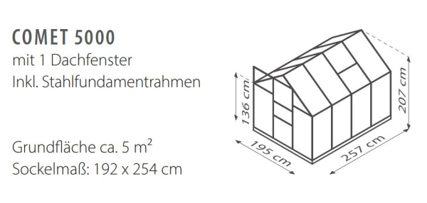 SET Vitavia Gewächshaus Comet 5000 4mm HKP 195x257cm eloxiert + Fundamentsrahmen